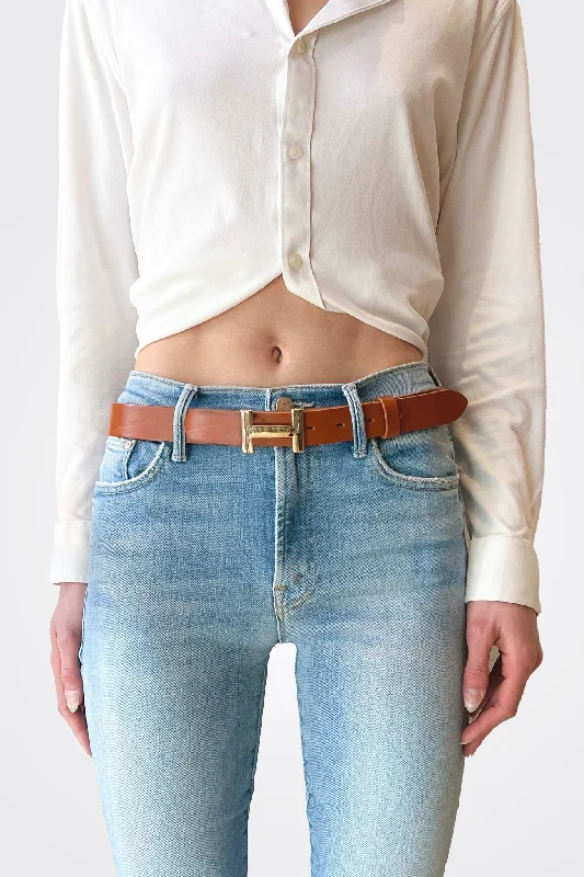 H Small Buckle Leather Belt - Cognac